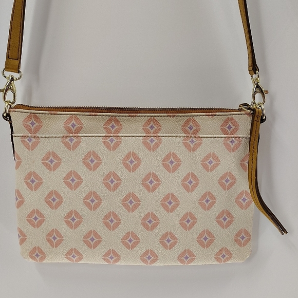 Fossil Crossbody Purse Ivory Pink Purple Adjustable Strap Zip Top - Picture 1 of 8